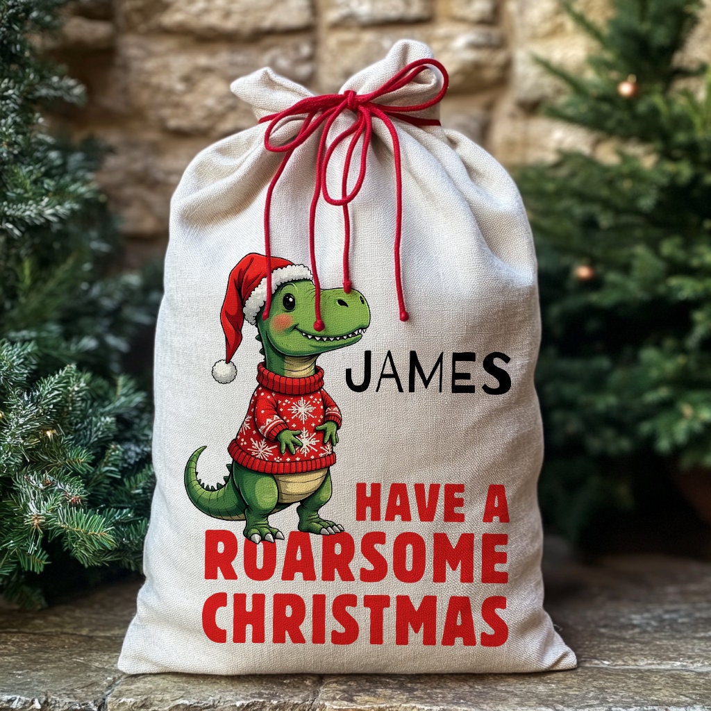 Personalised Christmas Sack - Dinosaur Design | Christmas Toy Sack |Christmas Stocking | Small/Large