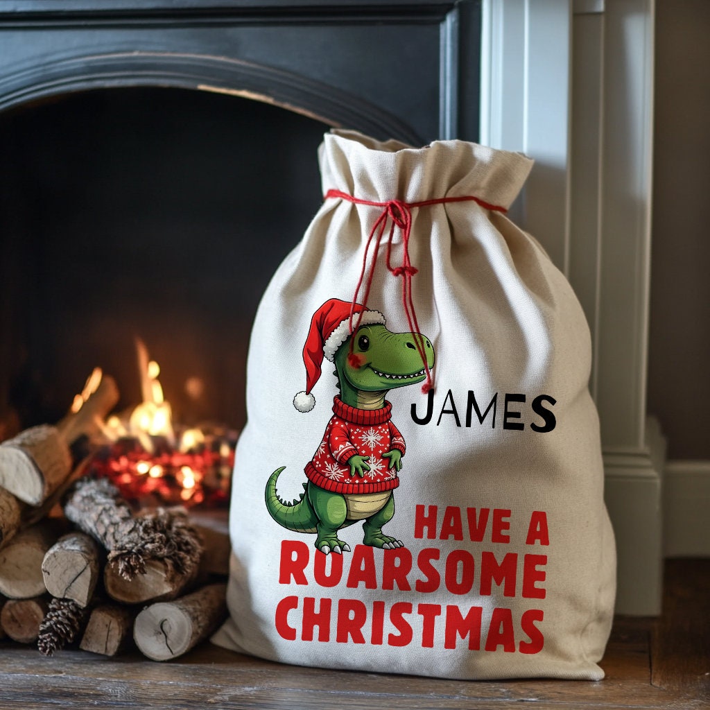 Personalised Christmas Sack - Dinosaur Design | Christmas Toy Sack |Christmas Stocking | Small/Large