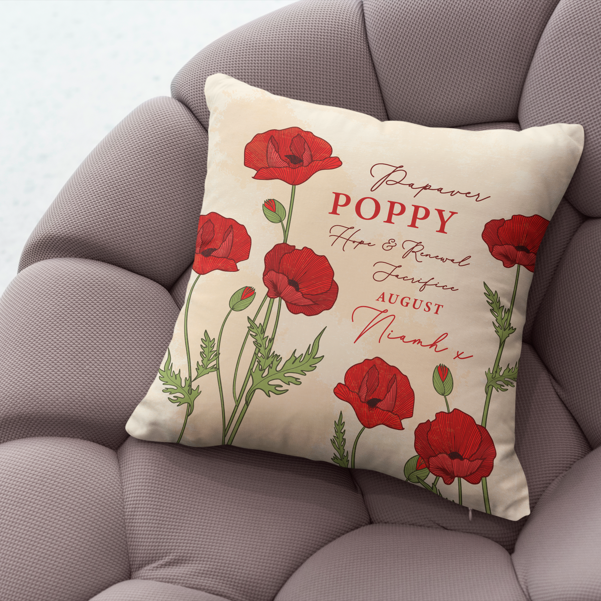 Personalised Birth Flower Cushion - August Poppy Design