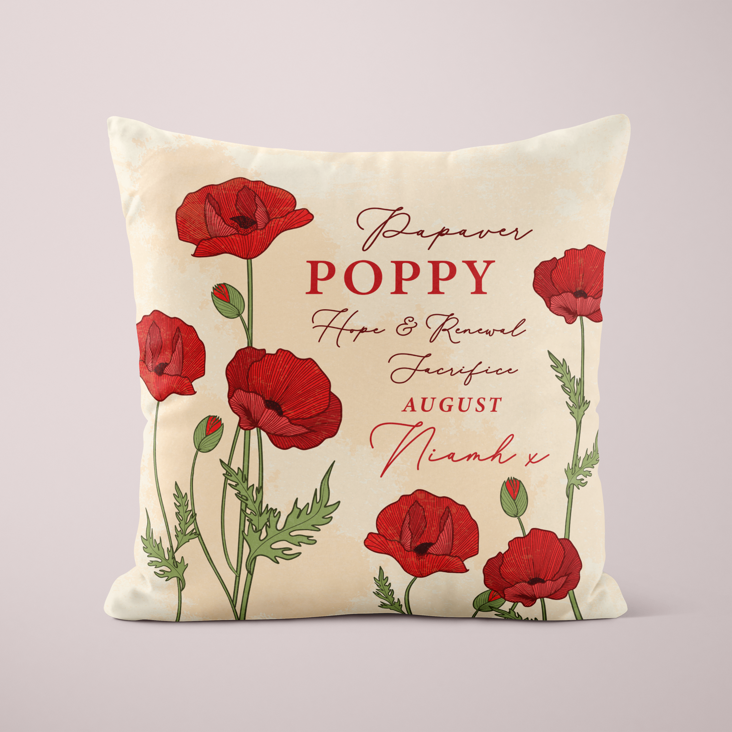 Personalised Birth Flower Cushion - August Poppy Design
