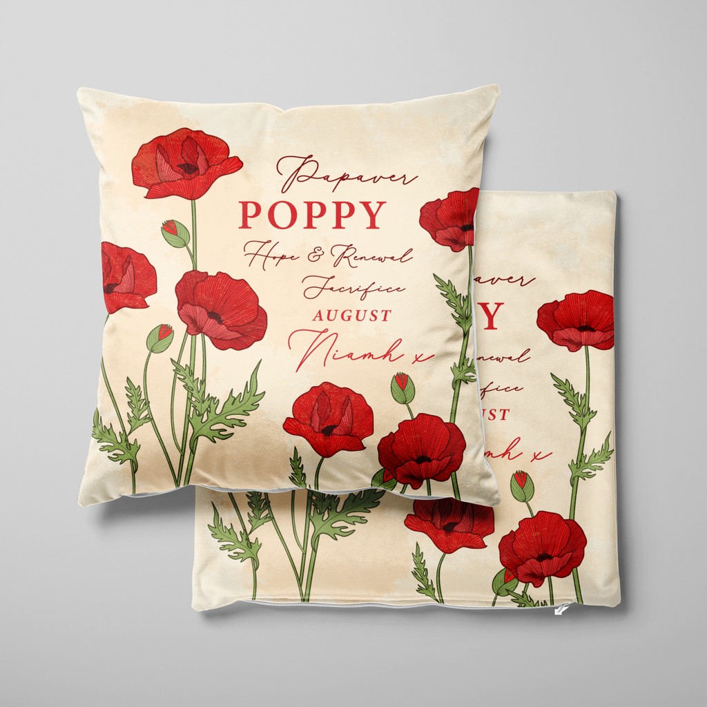 Personalised Birth Flower Cushion - August Poppy Design