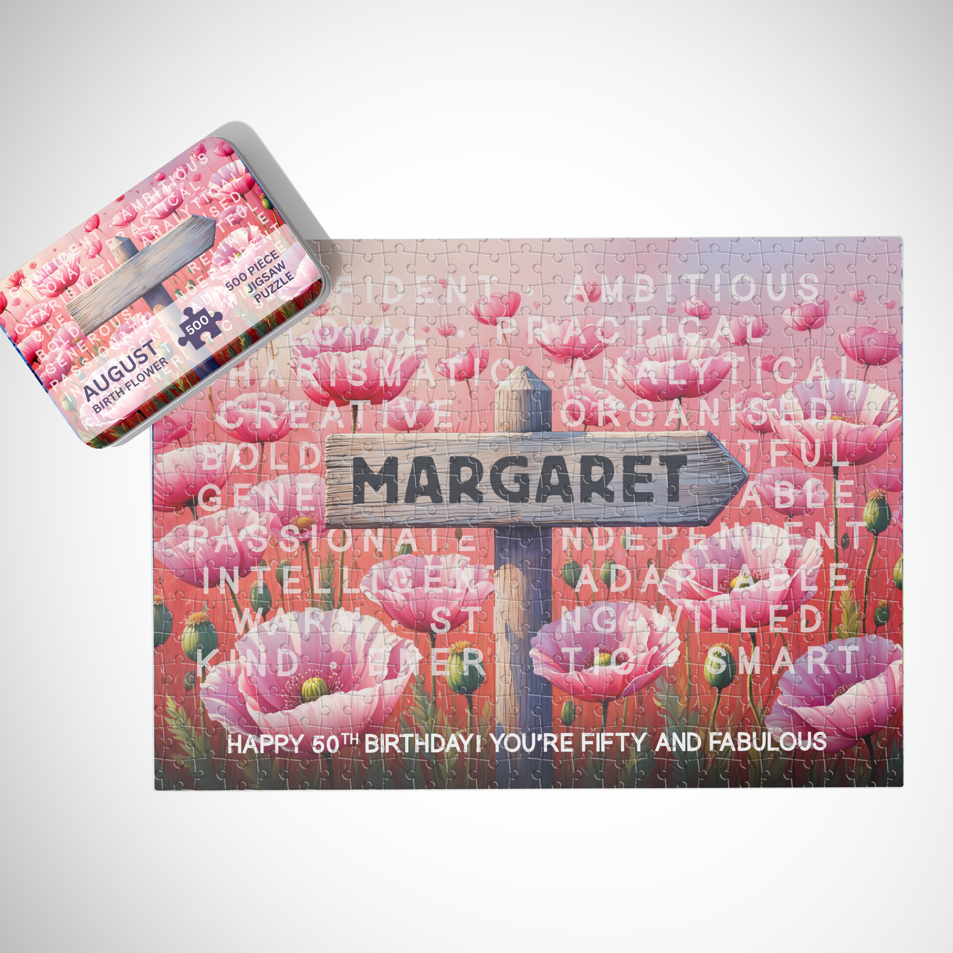 August Birth Month Puzzle - Choice of 250pcs or 500pcs | Heartfelt Keepsake | Poppy Flower Design | Add Name & Message
