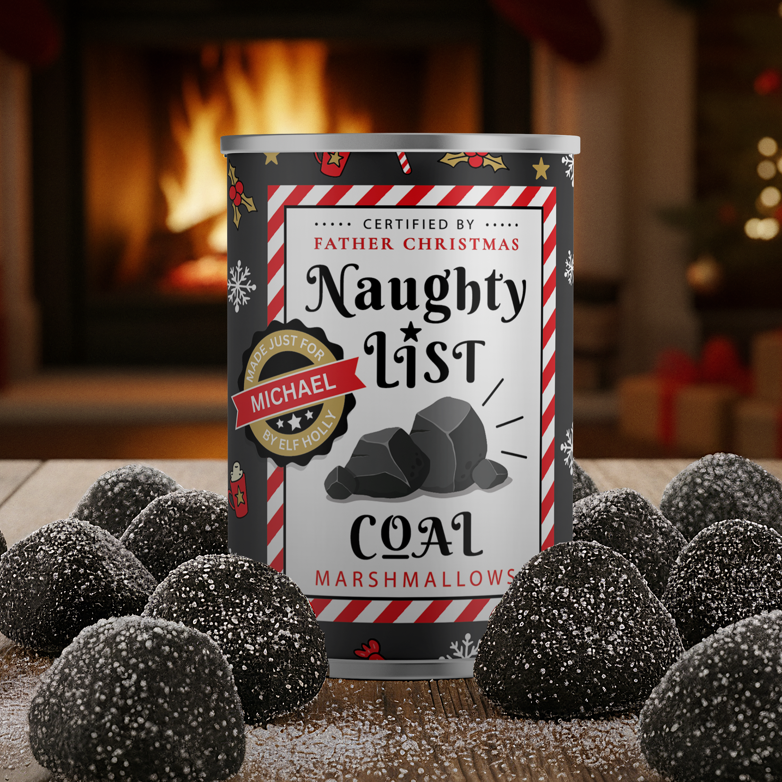 Santa's Naughty List Stocking Filler Gift - Coal Marshmallows in a Personalised Tin Main image