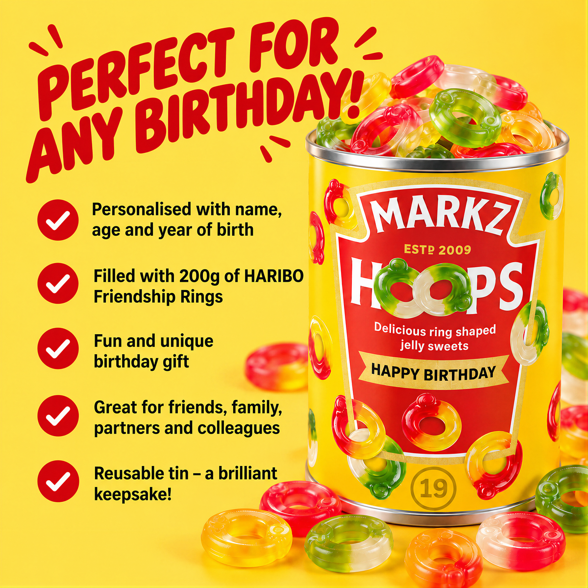 Personalised Spaghetti Hoops – Friendship Rings Sweet Tin Birthday Gift