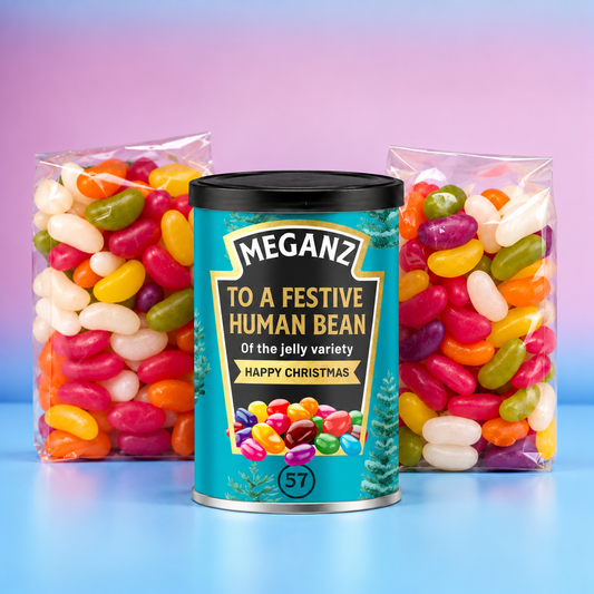 Festive Christmas Personalised Beans - Jelly Bean Tin Xmas Gift with Refills