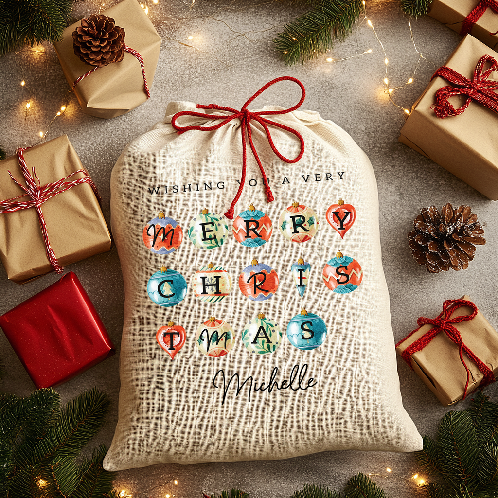 Personalised Christmas Sack - Bauble Design | Christmas Gift Bag | Small/Large