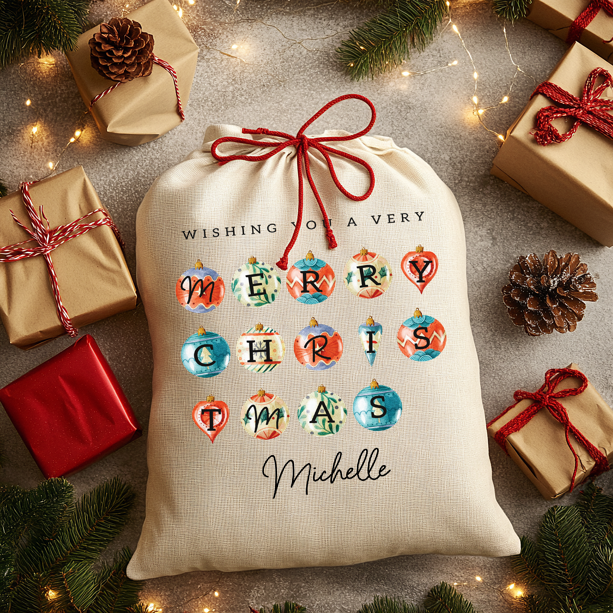 Personalised Christmas Sack - Bauble Design | Christmas Gift Bag | Small/Large
