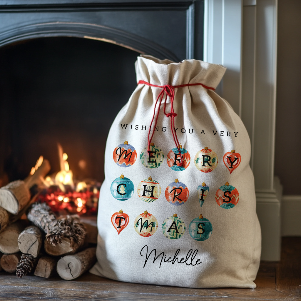 Personalised Christmas Sack - Bauble Design | Christmas Gift Bag | Small/Large
