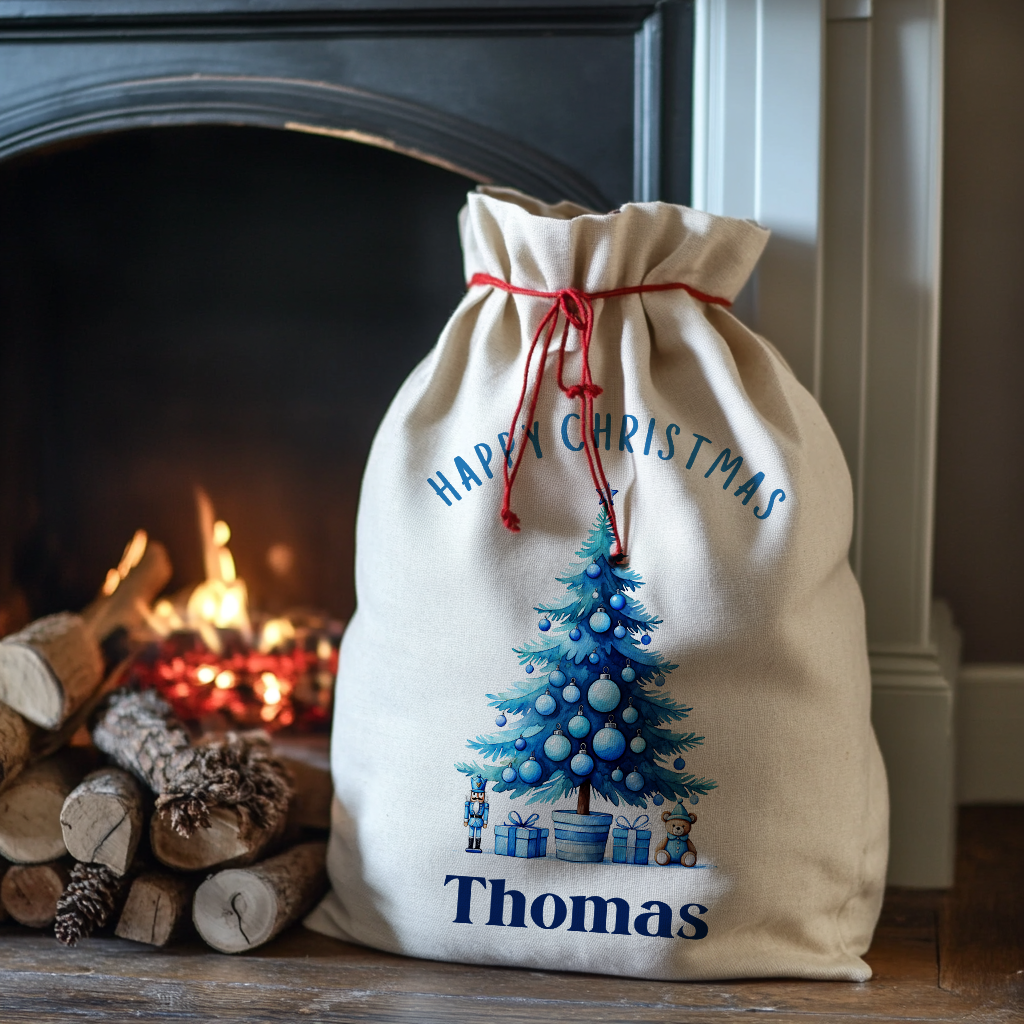 Personalised Christmas Sack - Blue Tree | Christmas Toy Sack | Christmas Stocking |  Small/Large