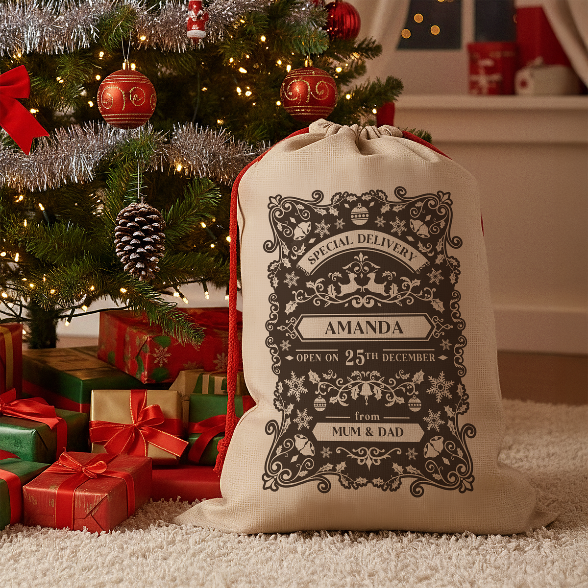 Personalised Christmas Sack - Special Delivery Design | Sack for Kids | Large | Dark Grey