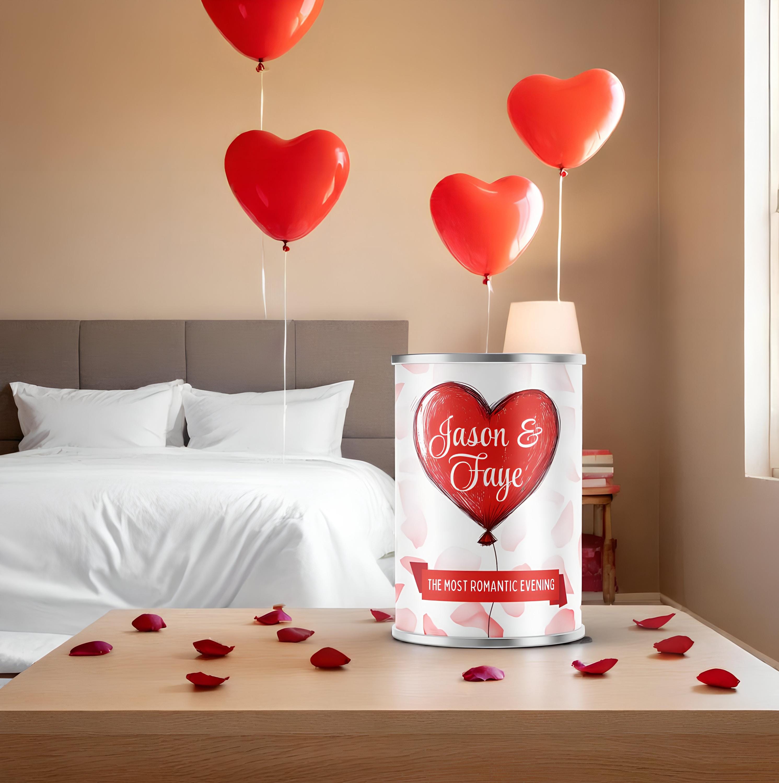 Personalised Date Night Anniversary Gift Tin - Chocolates, Petals, Balloons & Tea Lights