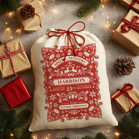 Personalised Christmas Sack - Special Delivery Design | Christmas Sack for Kids | Large | Red