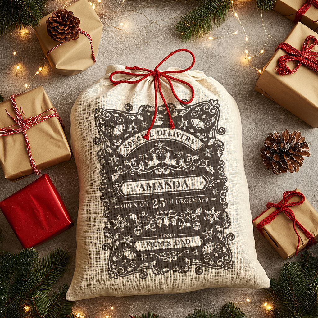 Personalised Christmas Sack - Special Delivery Design | Sack for Kids | Large | Dark Grey