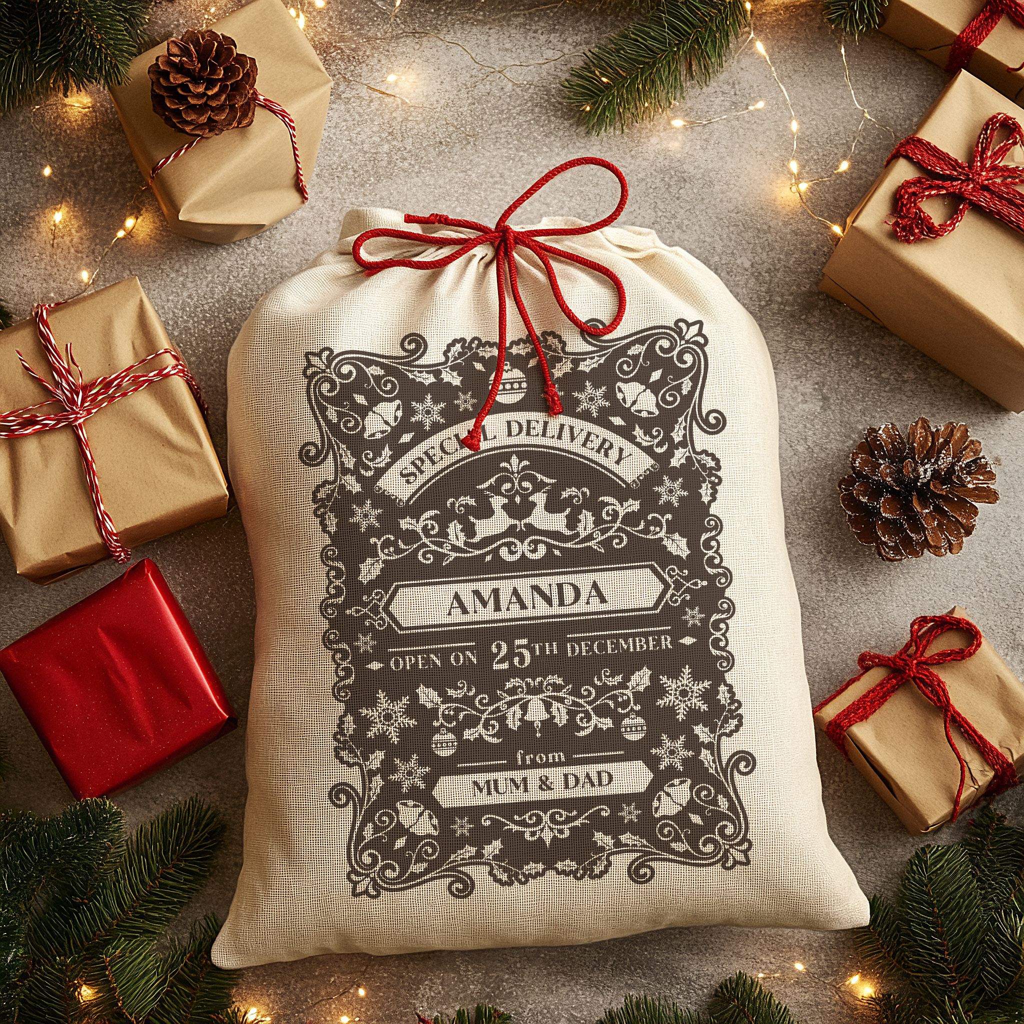 Personalised Christmas Sack - Special Delivery Design | Sack for Kids | Large | Dark Grey