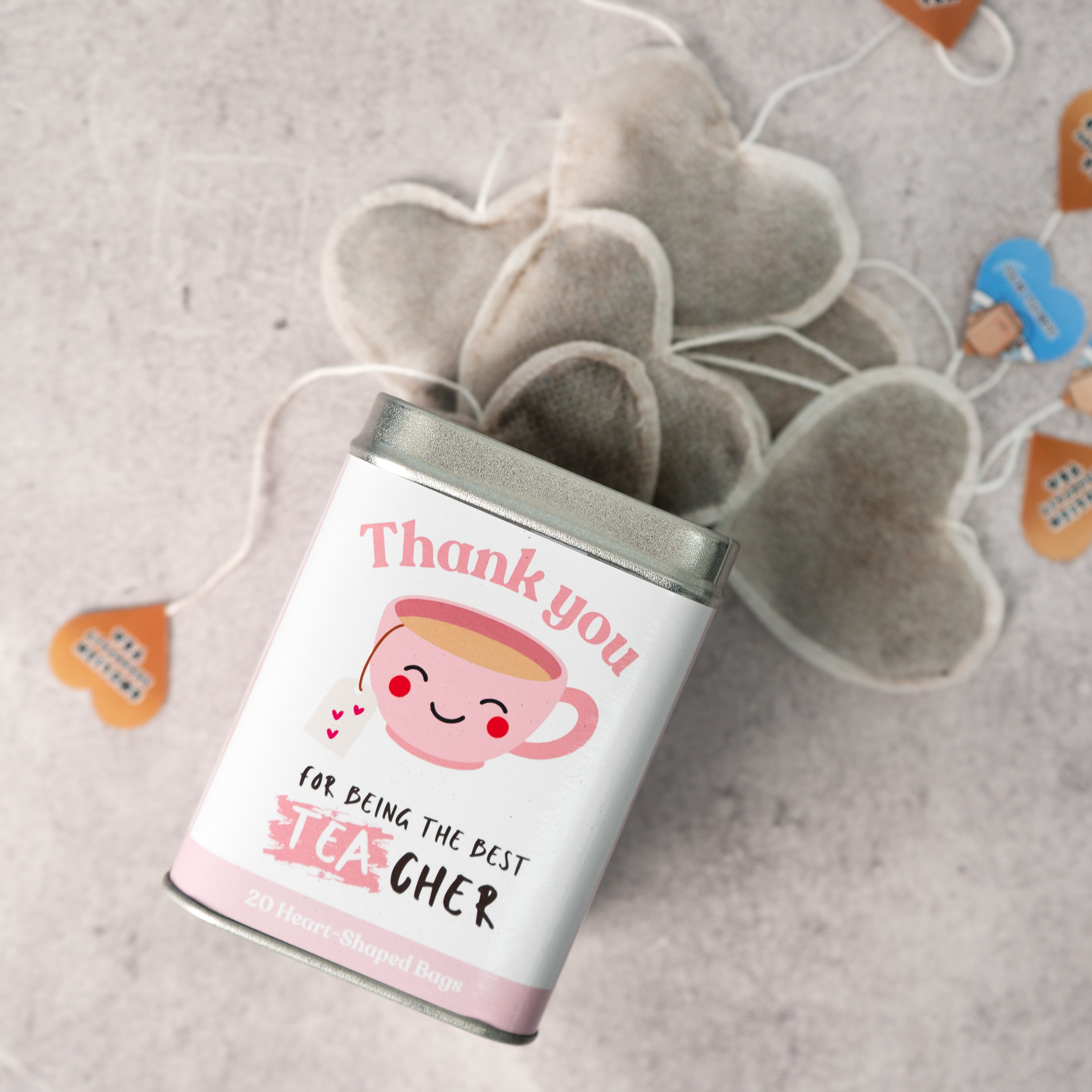 Teacher Tea Tin - Choice of Teal or Pink | 20 Heart Shaped Teabags | Add Name & Message | Thoughtful End of Term Gift