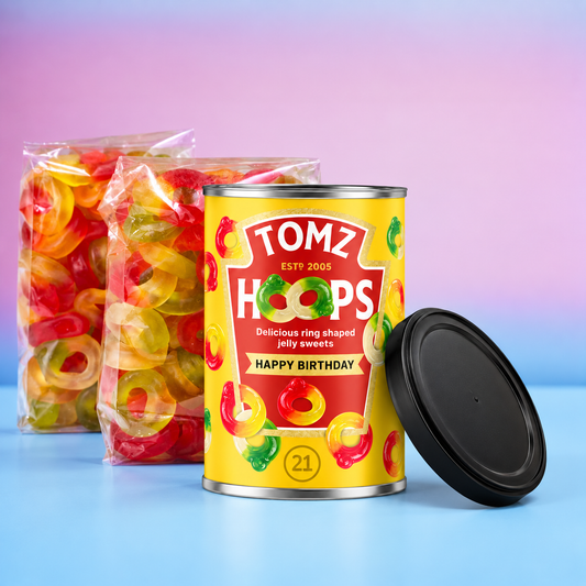 Personalised Spaghetti Hoops – Friendship Rings Sweet Tin Birthday Gift with Refills
