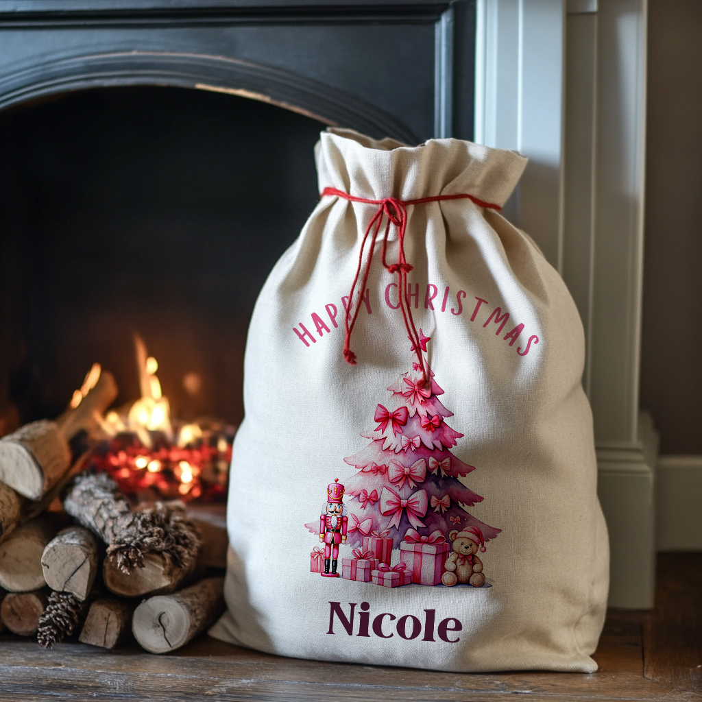 Personalised Christmas Sack - Pink Tree | Christmas Toy Sack | Christmas Stocking |  Small/Large