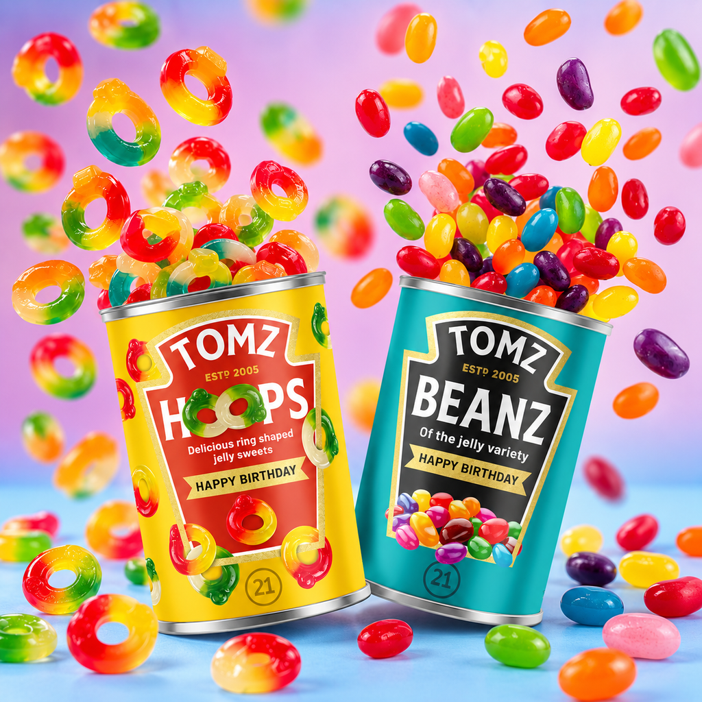Personalised Birthday Jelly Bean and Spaghetti Hoop Tin Set
